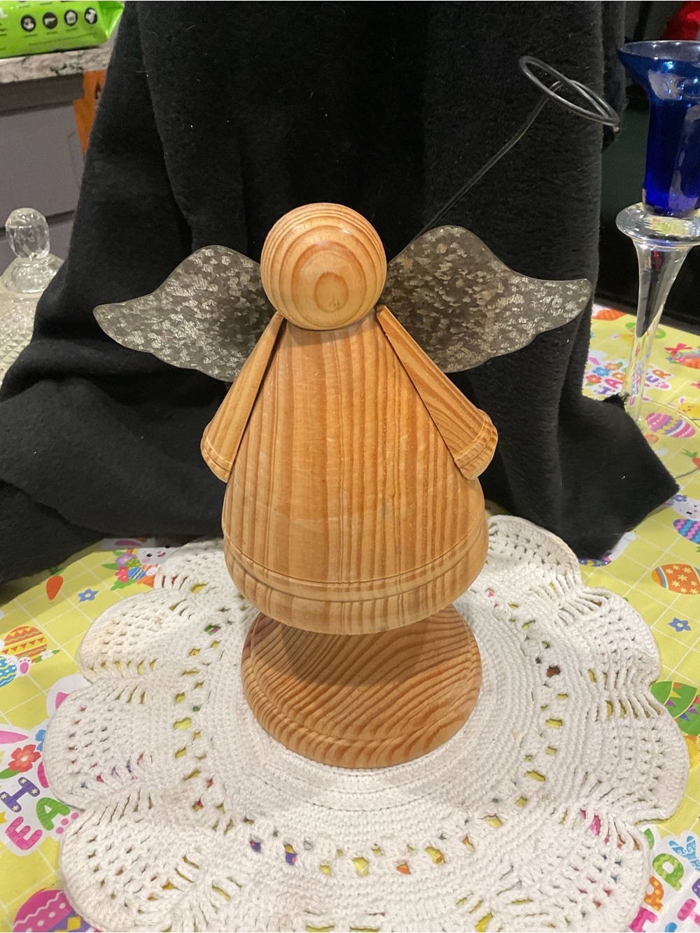 BP-Wooden Angel Figurine with Metal Wings - Natural Pine 7 1/2 IN TALL